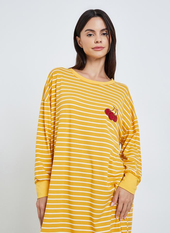 Styli Women Yellow Stripes Embroidered Nightdress - Image 1